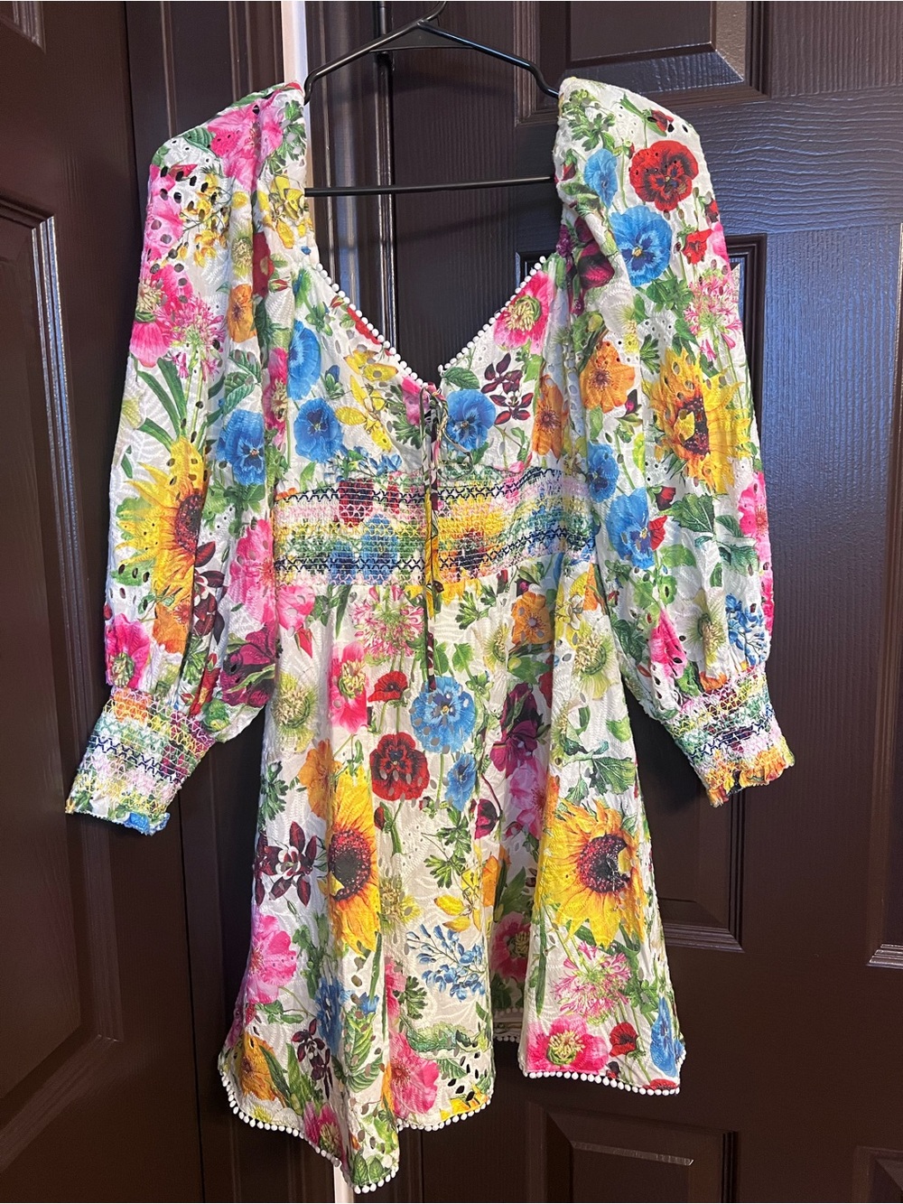Alice + Olivia White Multi-Color Floral Smocked Dress